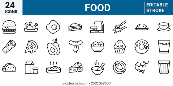 Food and drinks line web icons. Restaurant, Fast food. Burger, donut, pizza, ice cream, coffee. Editable stroke.