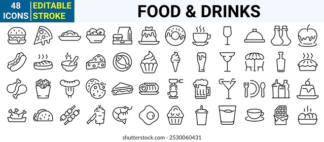 Iconos web de línea de alimentos y bebidas. Restaurante, Comida rápida. Hamburguesa, donut, pizza, helado, café. Trazo editable.