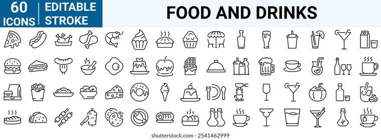 Iconos web de línea de alimentos y bebidas. Restaurante, Comida rápida. Hamburguesa, donut, pizza, helado, café. Trazo editable.