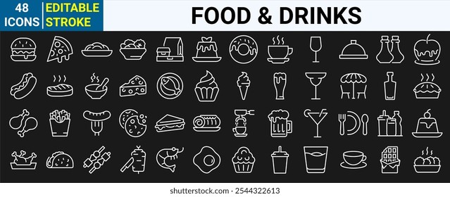 Food and drinks line web icons. Restaurant, Fast food. Burger, donut, pizza, ice cream, coffee. Editable stroke.