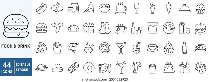 Food and drinks line web icons. Restaurant, Fast food. Burger, donut, pizza, ice cream, coffee. Editable stroke.