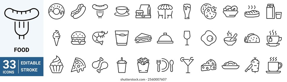 Food and drinks line web icons. Restaurant, Fast food. Burger, donut, pizza, ice cream, coffee. Editable stroke.