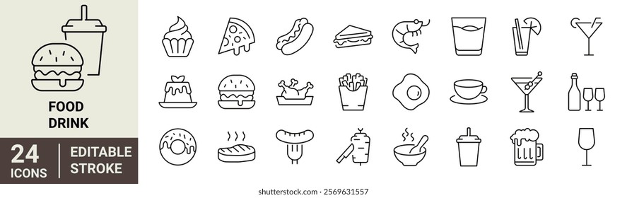 Food and drinks line web icons. Restaurant, Fast food. Burger, donut, pizza, ice cream, coffee. Editable stroke.