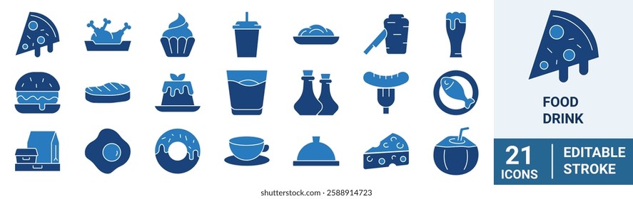 Food and drinks line web icons. Restaurant, Fast food. Burger, donut, pizza, ice cream, coffee. Editable stroke.
