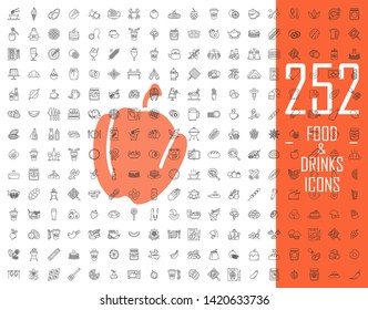 Food and drinks linear icons big set. Thin line contour symbols. Restaurant menu and BBQ. Vegetables, fruits, desserts. Drinks and cocktails. Isolated vector outline illustrations. Editable stroke