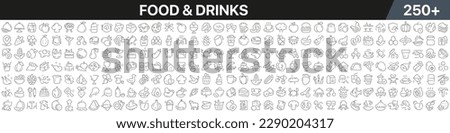 Food and drinks linear icons collection. Big set of more 250 thin line icons in black. Food and drinks black icons. Vector illustration Stock foto © 