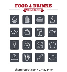 Food and Drinks linear icons set. Beer, coffee and cocktail symbols. Fish and pork meat, hamburger and cheese thin outline signs. Chief hat. Flat square vector
