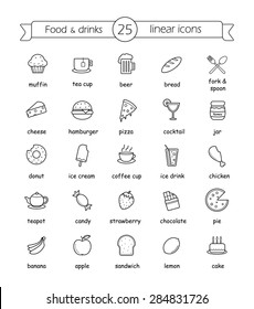 Food and drinks linear icons set with signs. Vector line art illustrations