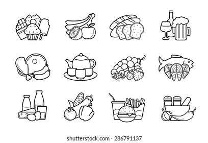 Food and drinks linear icons set. Vector line art symbols