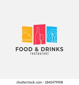 Food and drinks logo. Wine bottle with wine glass. Plate with fork and spoon on white background