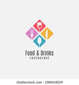 Food and drinks logo. Wine glass with fork, knife and spoon on white background