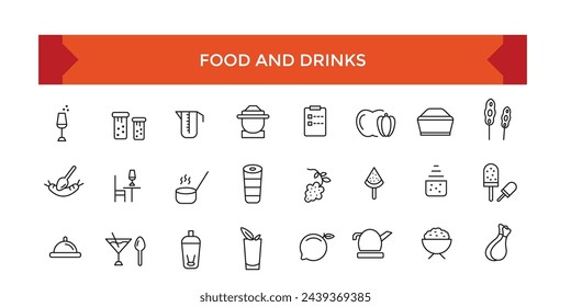Food and Drinks Meal Related Vector Line Icons. Contains such Icons as Fruit Basket, Noddles, Healthy Smoothies.