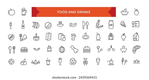 Food and Drinks Meal Related Vector Line Icons. Contains such Icons as Fruit Basket, Noddles, Healthy Smoothies.