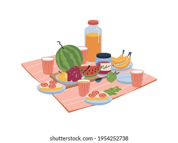 Food and drinks on nature, plate with sandwiches, bananas and grapes, apple and juice in glasses, snacks. Vector fruits and veggies on napkin blanket, jam and bread with sausages, flat cartoon