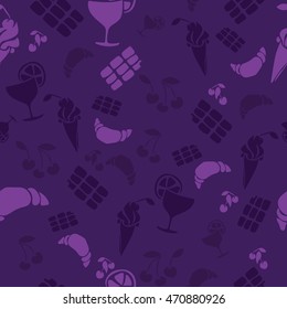 Food and drinks pattern. Croissant, chocolate, cherry, ice cream and citrus juice. 