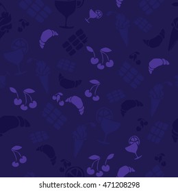 Food and drinks pattern. Croissant, chocolate, cherry, ice cream and citrus juice. 