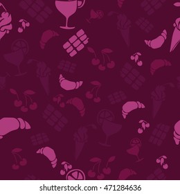 Food and drinks pattern. Croissant, chocolate, cherry, ice cream and citrus juice. 