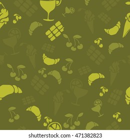 Food and drinks pattern. Croissant, chocolate, cherry, ice cream and citrus juice. 