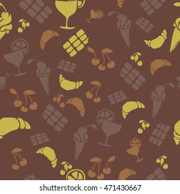 Food and drinks pattern. Croissant, chocolate, cherry, ice cream and citrus juice. 