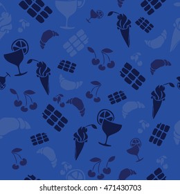 Food and drinks pattern. Croissant, chocolate, cherry, ice cream and citrus juice. 