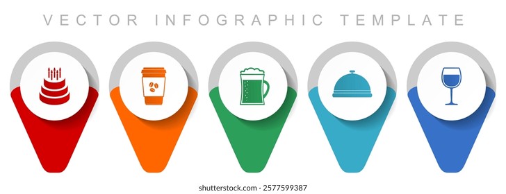 Food and drinks pointer collection, miscellaneous icons such as birthday cake, coffe, beer and drink, flat design vector infographic template in eps 10