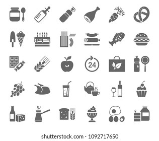 Food and drinks, production and sale. Gray drawings on the white field. Vector clip art. 