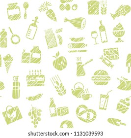 Food and drinks, production and sale. Green icons on a white field. Imitation of hatching with colored pencil. Vector background. 