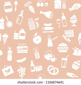 Food and drinks, production and sale. Vector background. White icons on the pink field. 