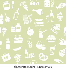 Food and drinks, production and sale. Vector background. White icons on a gray-green field. 