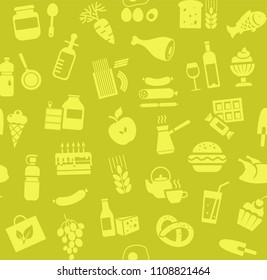 Food and drinks, production and sale. Vector background. Yellow icons on the green field. 