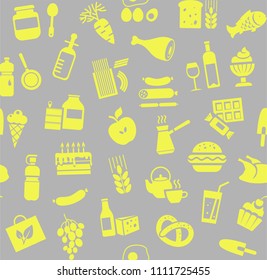 Food and drinks, production and sale. Vector background. Yellow icons on a gray field. 