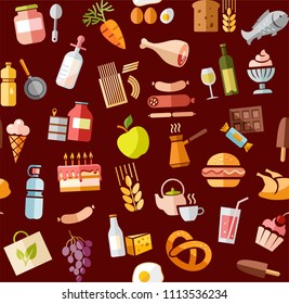 Food and drinks, production and sale. Vector, seamless background. Colored flat icons on a dark red field. 