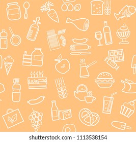 Food and drinks, production and sale. Vector background. White line icons on the coral field. 