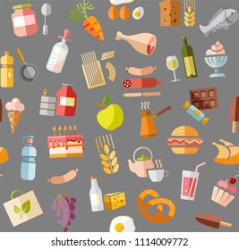 Food and drinks, production and sale. Vector, seamless background. Colored flat icons on the grey box. 
