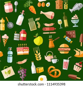 Food and drinks, production and sale. Vector, seamless background. Colored flat icons on the green field. 