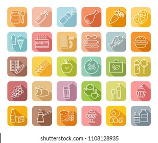 Food and drinks, production and sale. White line drawings on a colored field with a shadow. Vector clip art. 