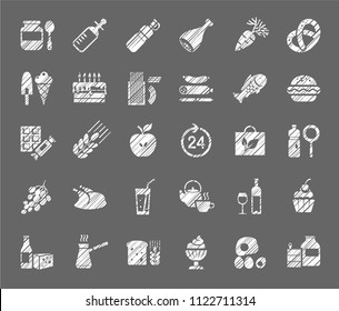 Food and drinks, production and sale. White, shaded icons on a gray field. Simulation of shading. Vector clip art. 