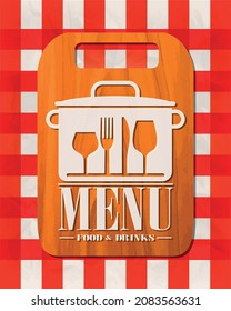 Food and drinks restaurant menu, cutting board lies on a red tablecloth background. Vector illustration