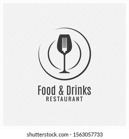 Food and drinks restaurant menu. Plate with fork and wine glass logo on white background