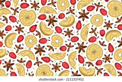 Food and drinks. Sample. Dried apple slices, stars and anise seeds and rose hips. Multicolored image. Vector illustration.