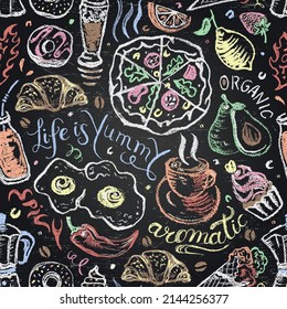 Food and drinks seamless pattern with hand drawn lettering quotes on chalkboard. Pizza, fried eggs, pastry, lemon, coffee, avocado, chili pepper, smoothie, cakes, ice cream, orange, croissant