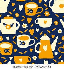 Food and drinks seamless pattern with tea, coffee. Contrast hand drawn orange white mug, teapot. Dark blue texture for cafe, coffee shop, tea house design. Print cup, coffee pot for summer tablecloth.