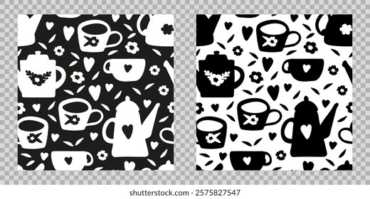 Food and drinks seamless pattern with tea, coffee. Contrasting black white hand drawing of mug, teapot. Monochrome two-color texture for design of cafe, coffee shop, teahouse. Print of cup, coffee pot