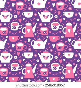 Food and drinks seamless pattern with tea, coffee. Hand drawn light purple white mug, teapot. Pink white texture for cafe, coffee shop, tea house design. Print cup, coffee pot for summer tablecloth.