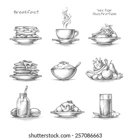 Food and drinks set. Breakfast icons. Pancakes, cereal, coffee, juice, croissant. Pencil sketch collection vector illustration