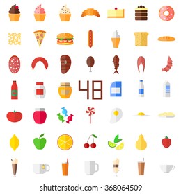 The food and drinks. Set of flat icons. Isolated objects on white background.