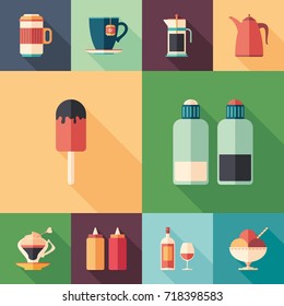 Food and drinks set of flat square icons with long shadows.