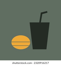 FOOD OR DRINKS sign. Paper cup with tubule and hamburger icons in green circle. Vector.