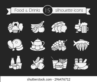 Food and drinks silhouette icons set. Vector chalk illustrations isolated on blackboard