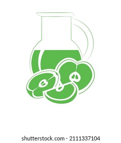 Food and drinks. Silhouette. A jug of apple juice garnished with green apple slices. Multicolored image. Vector illustration.